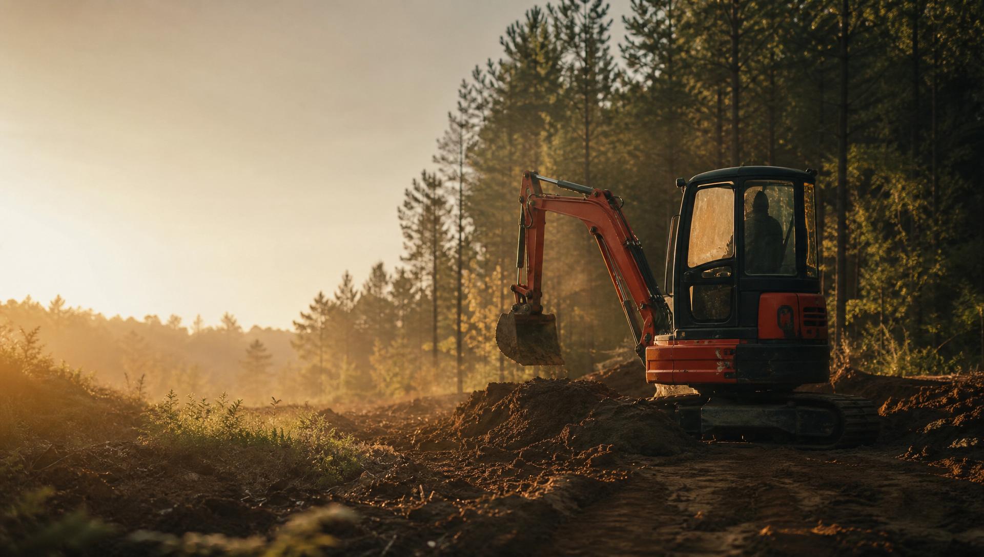 Kaup's Tree Service LLC & Excavation — excavation contractor Selmer, TN Red mini-excavator clearing land at the edge of a Tennessee pine forest at golden hour